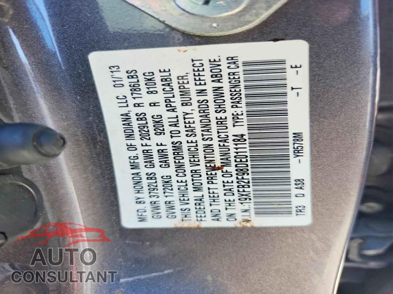 HONDA CIVIC 2013 - 19XFB2F98DE011184