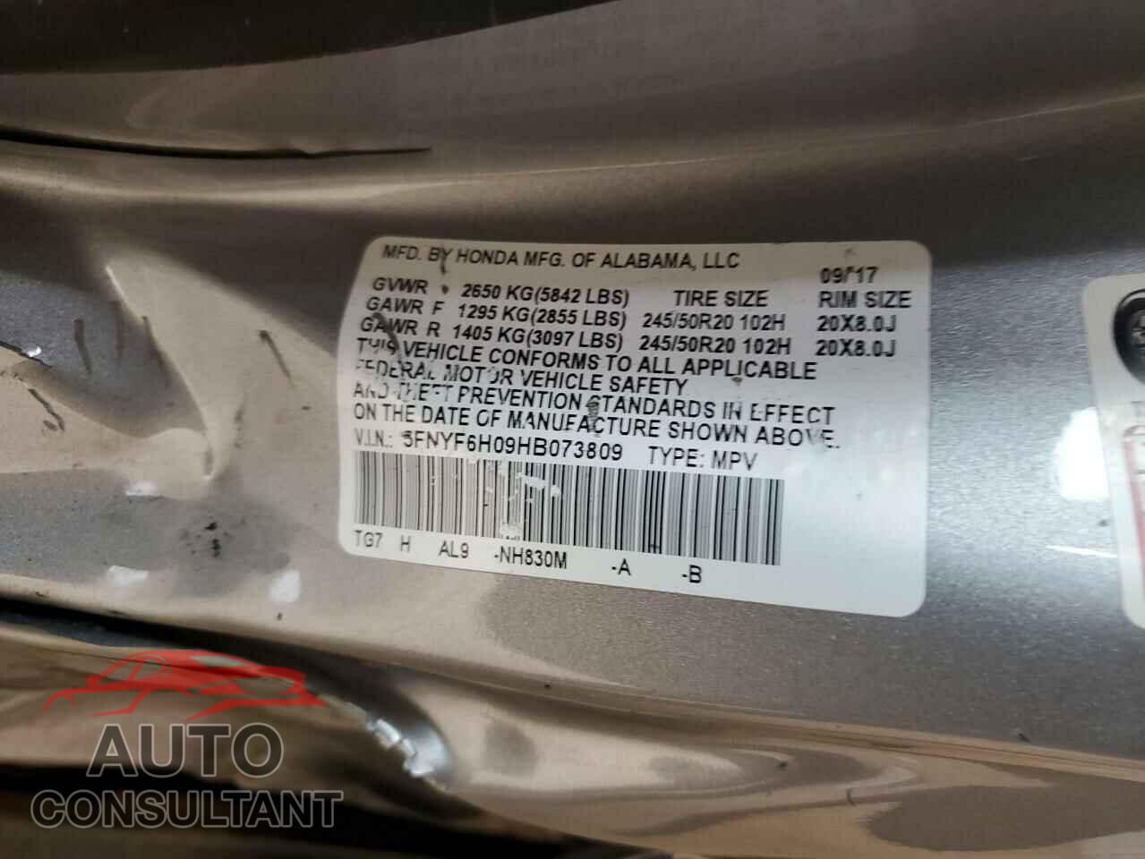 HONDA PILOT 2017 - 5FNYF6H09HB073809