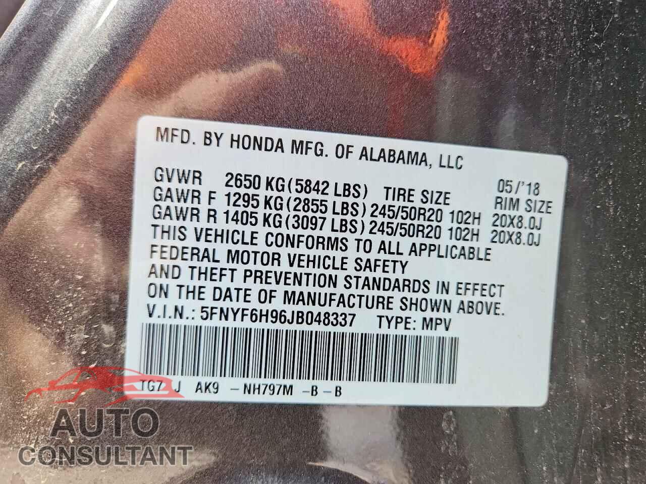 HONDA PILOT 2018 - 5FNYF6H96JB048337