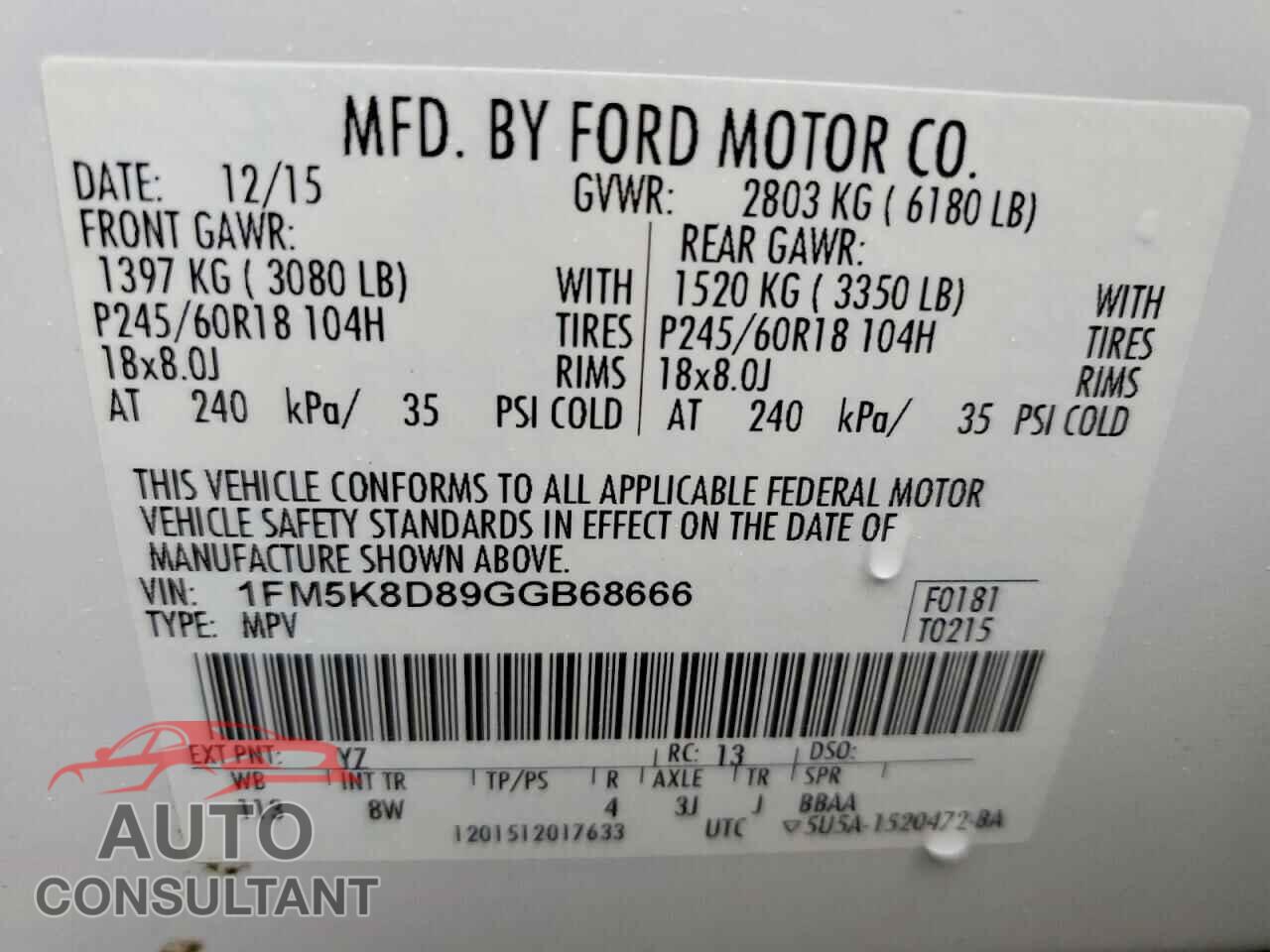 FORD EXPLORER 2016 - 1FM5K8D89GGB68666