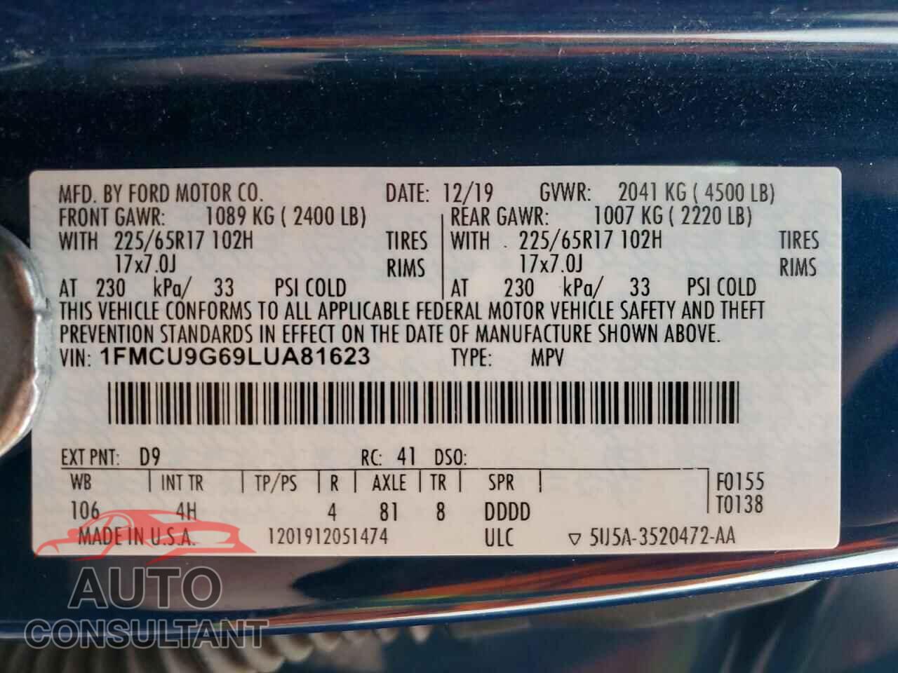 FORD ESCAPE 2020 - 1FMCU9G69LUA81623