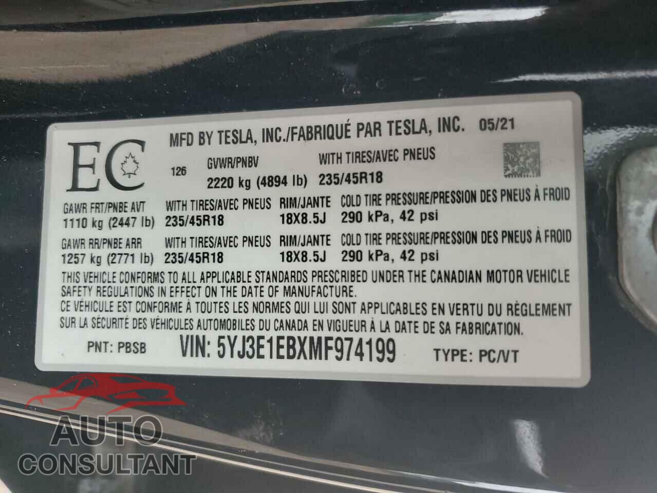 TESLA MODEL 3 2021 - 5YJ3E1EBXMF974199