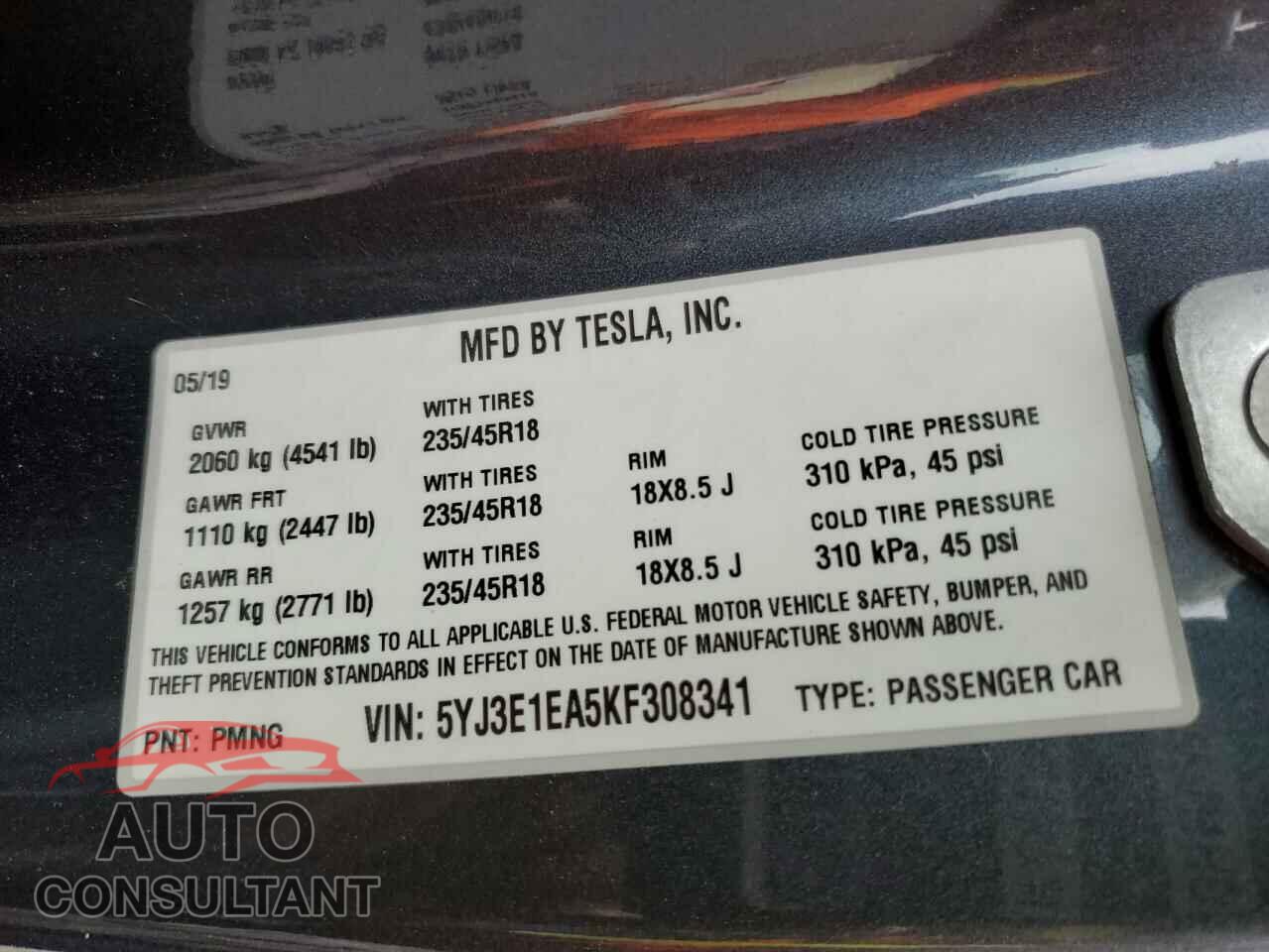 TESLA MODEL 3 2019 - 5YJ3E1EA5KF308341