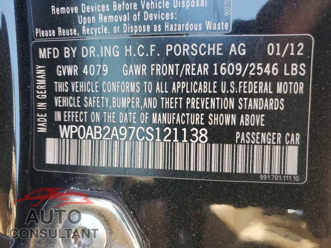 PORSCHE 911 2012 - WP0AB2A97CS121138
