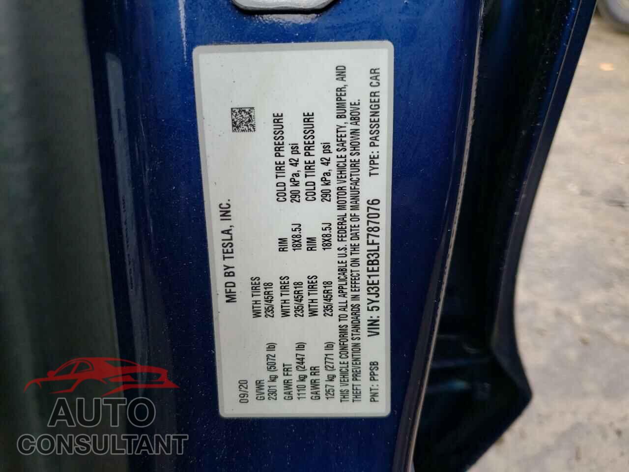 TESLA MODEL 3 2020 - 5YJ3E1EB3LF787076