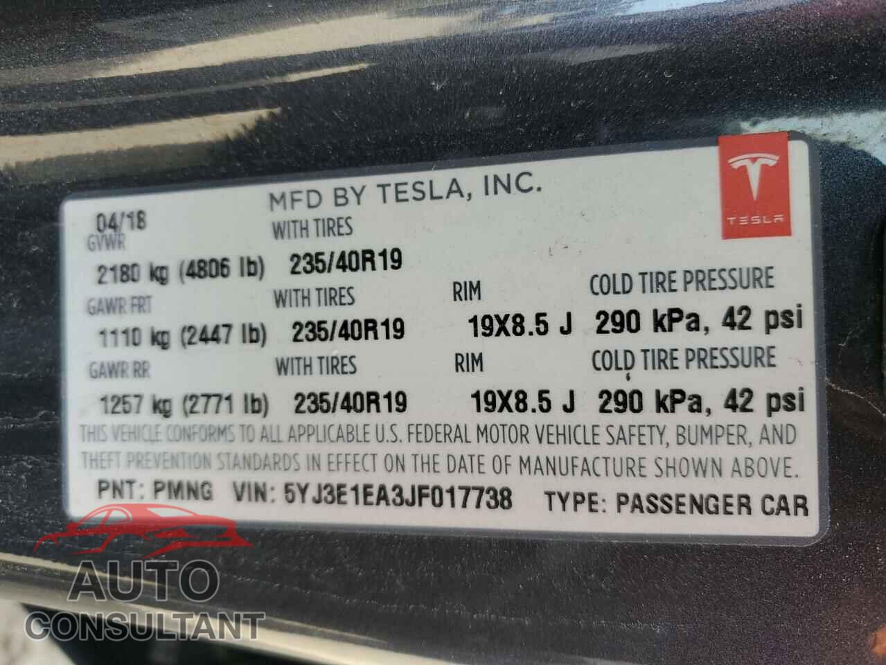 TESLA MODEL 3 2018 - 5YJ3E1EA3JF017738