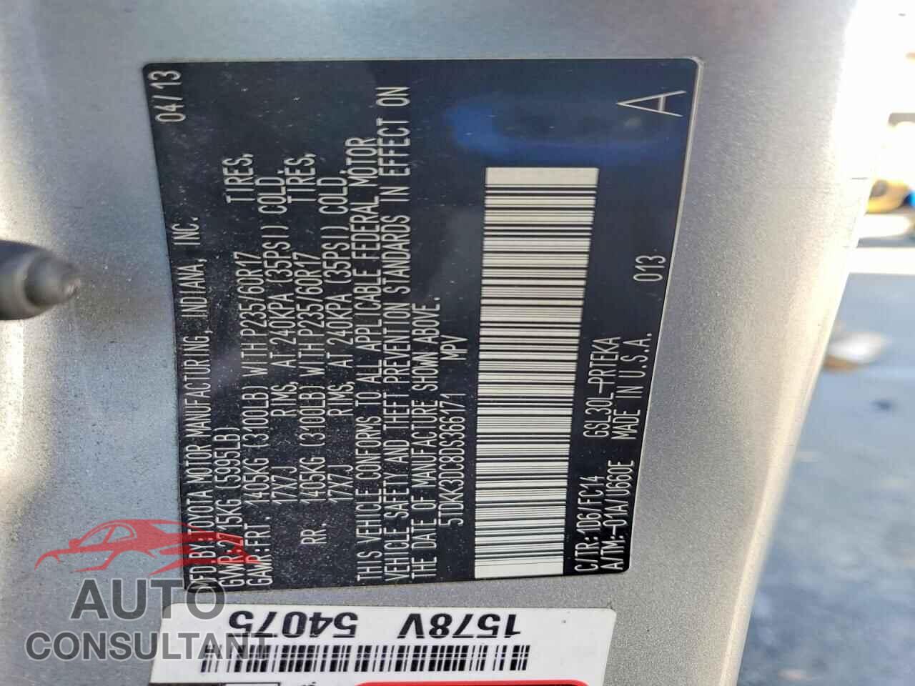 TOYOTA SIENNA 2013 - 5TDKK3DC8DS366171