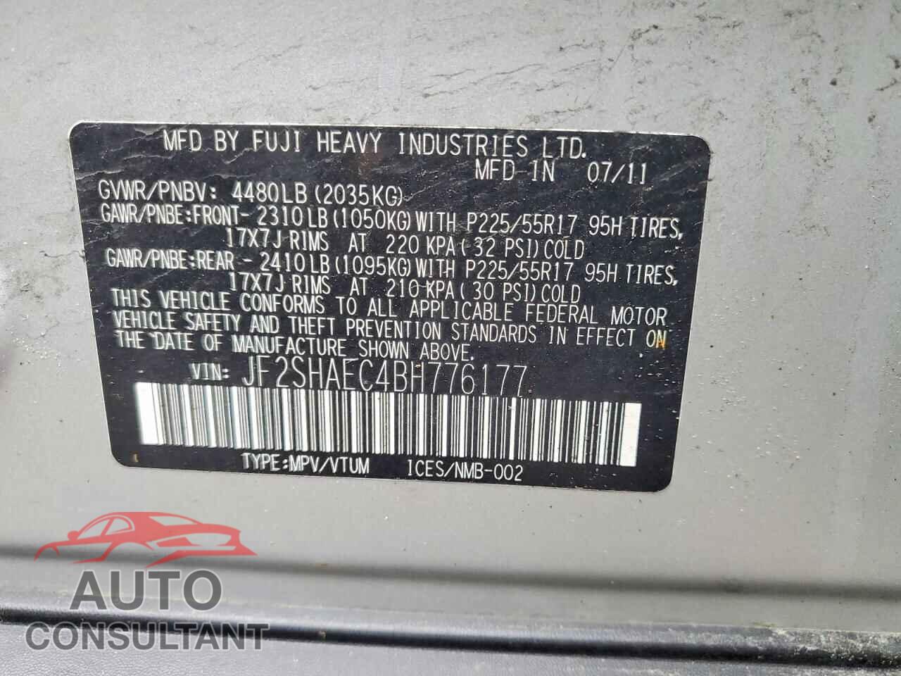 SUBARU FORESTER 2011 - JF2SHAEC4BH776177