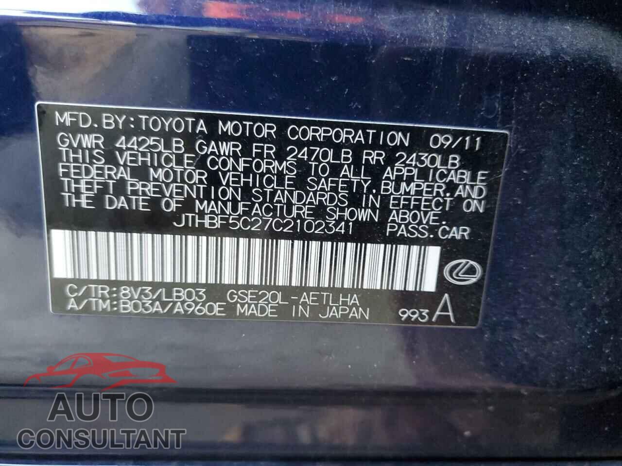 LEXUS IS 2012 - JTHBF5C27C2102341