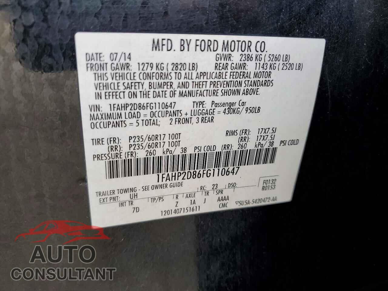 FORD TAURUS 2015 - 1FAHP2D86FG110647