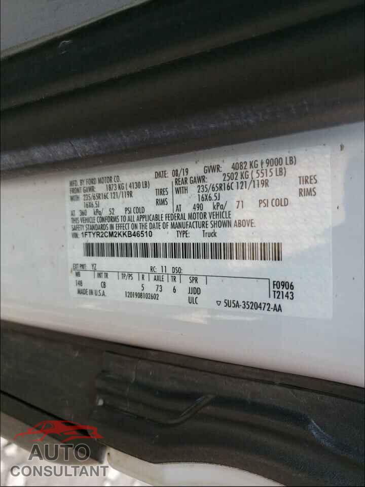 FORD TRANSIT CO 2019 - 1FTYR2CM2KKB46510