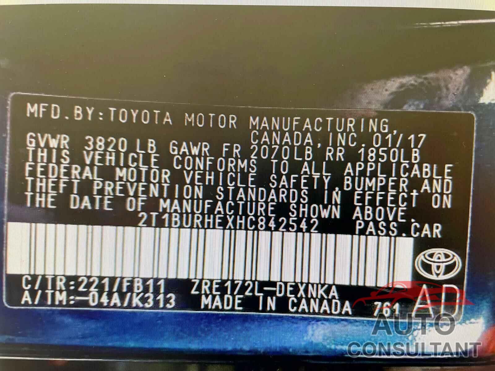 TOYOTA COROLLA 2017 - 2T1BURHEXHC842542
