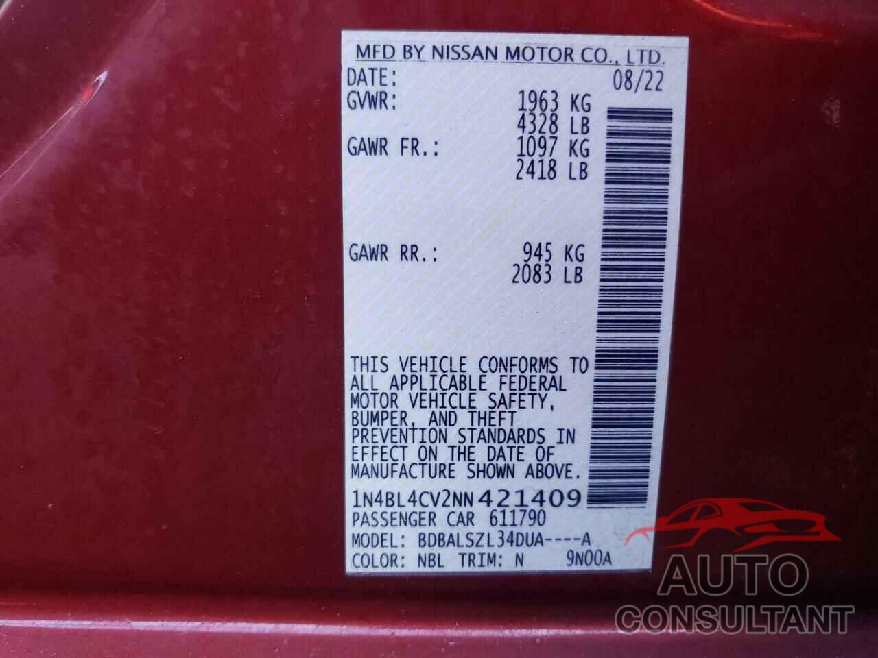 NISSAN ALTIMA 2022 - 1N4BL4CV2NN421409