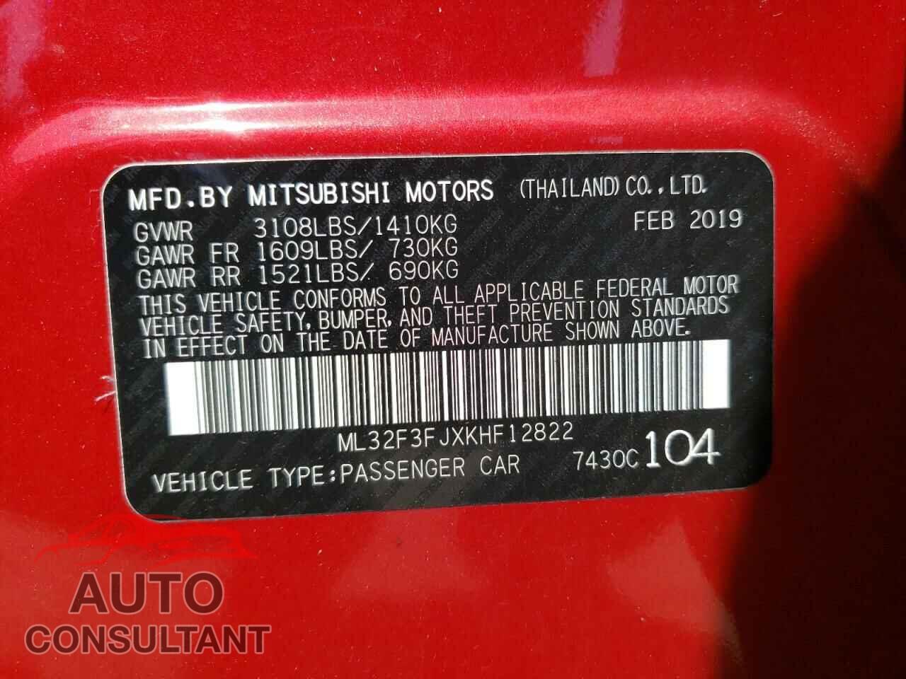 MITSUBISHI MIRAGE 2019 - ML32F3FJXKHF12822