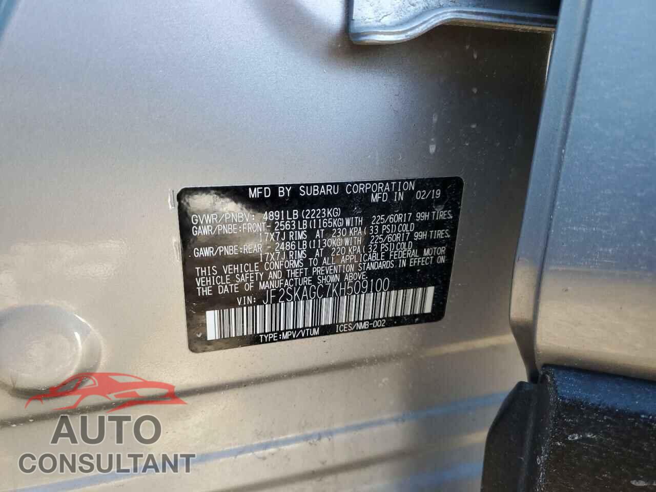 SUBARU FORESTER 2019 - JF2SKAGC7KH509100
