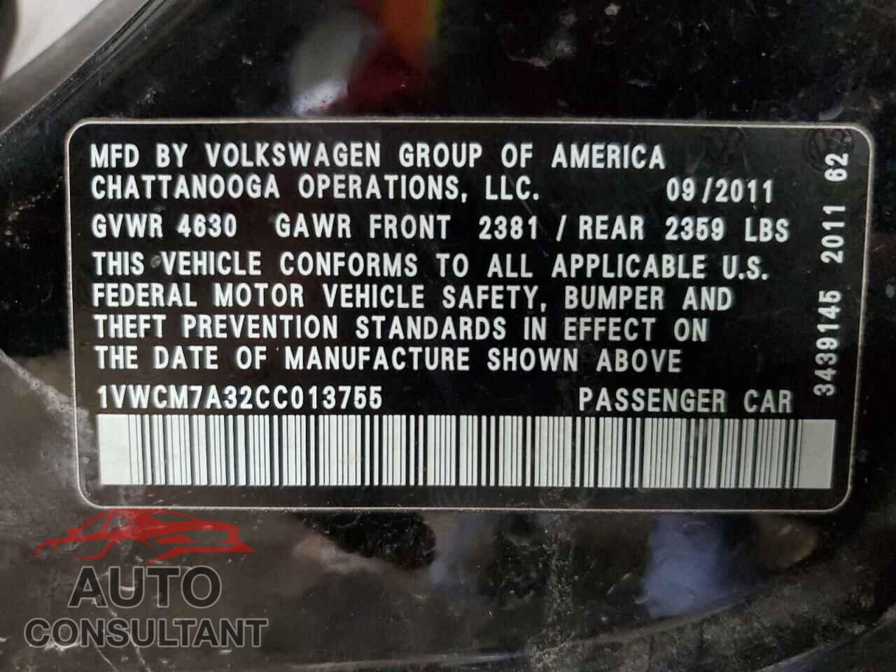 VOLKSWAGEN PASSAT 2012 - 1VWCM7A32CC013755