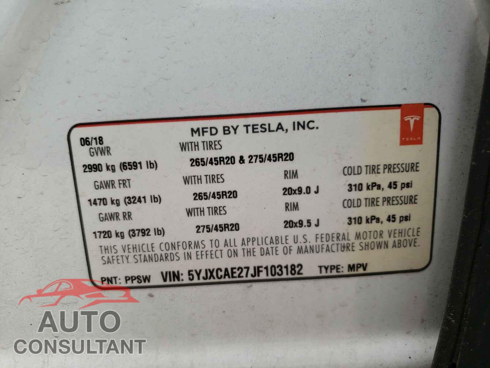TESLA MODEL X 2018 - 5YJXCAE27JF103182