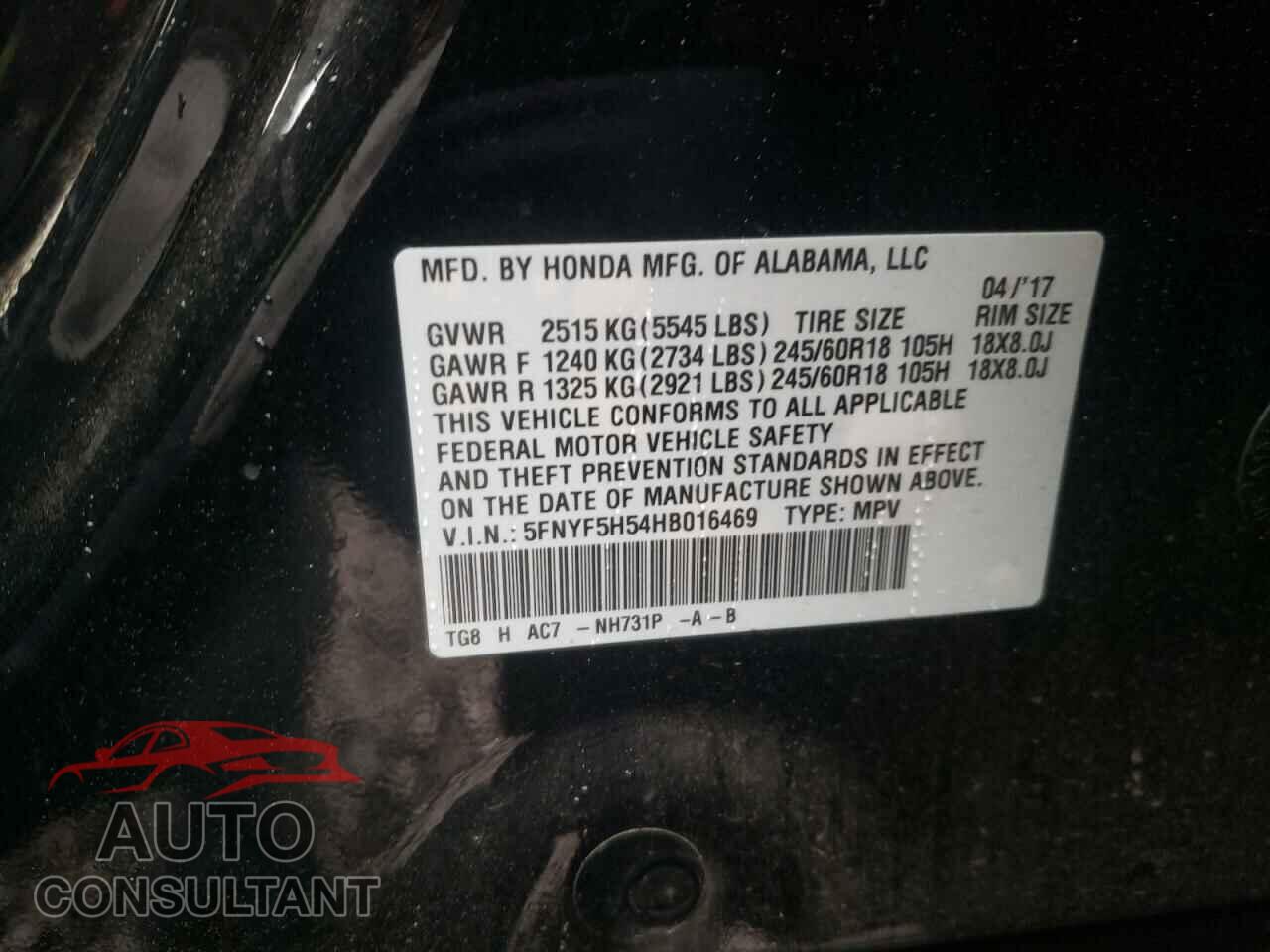 HONDA PILOT 2017 - 5FNYF5H54HB016469