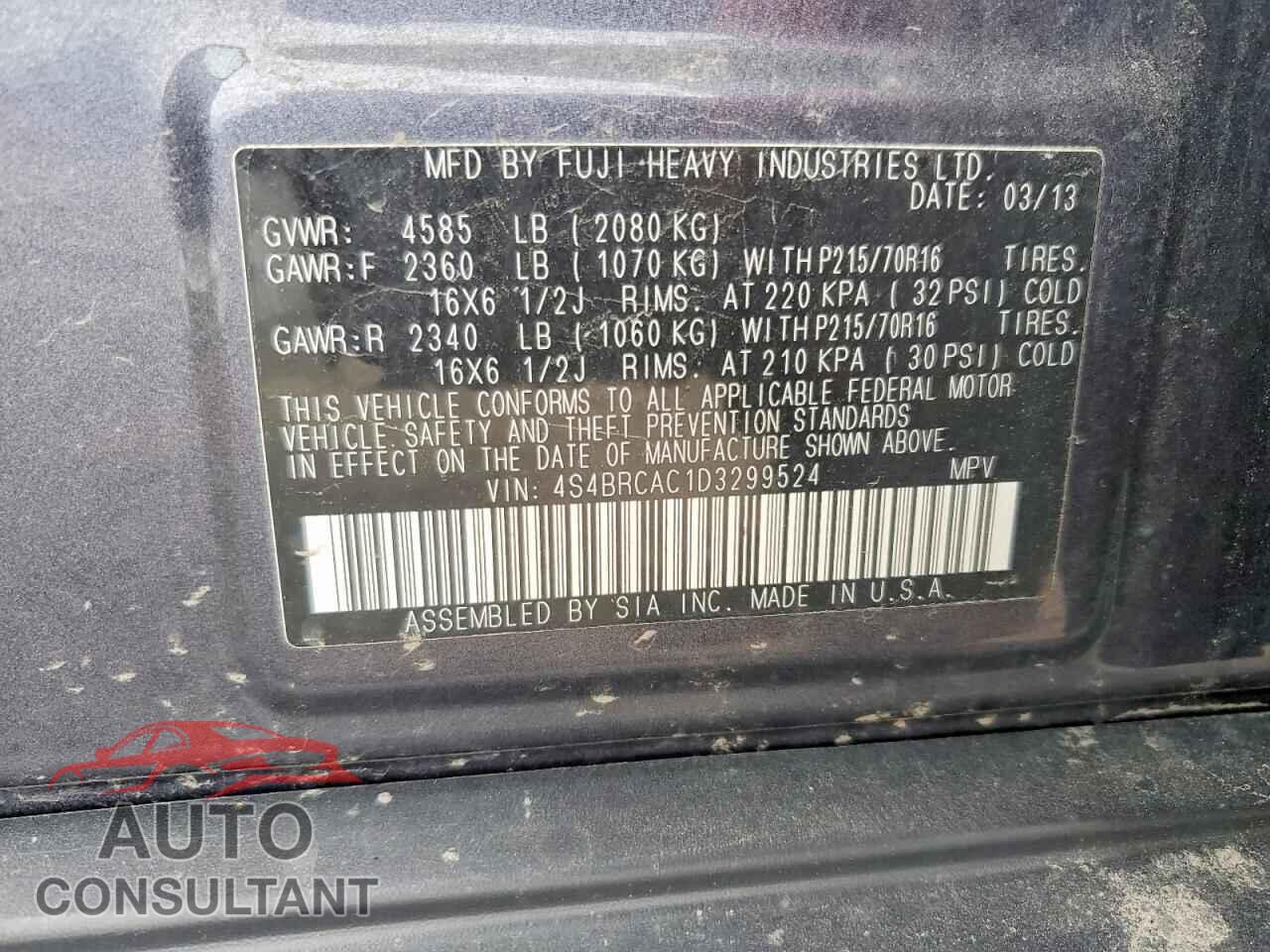 SUBARU OUTBACK 2013 - 4S4BRCAC1D3299524