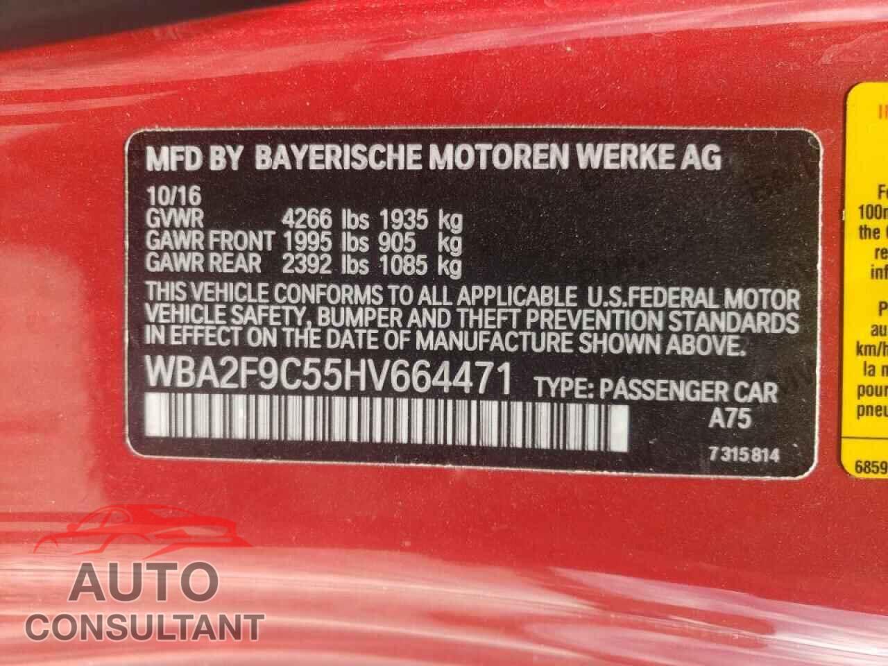 BMW 2 SERIES 2017 - WBA2F9C55HV664471