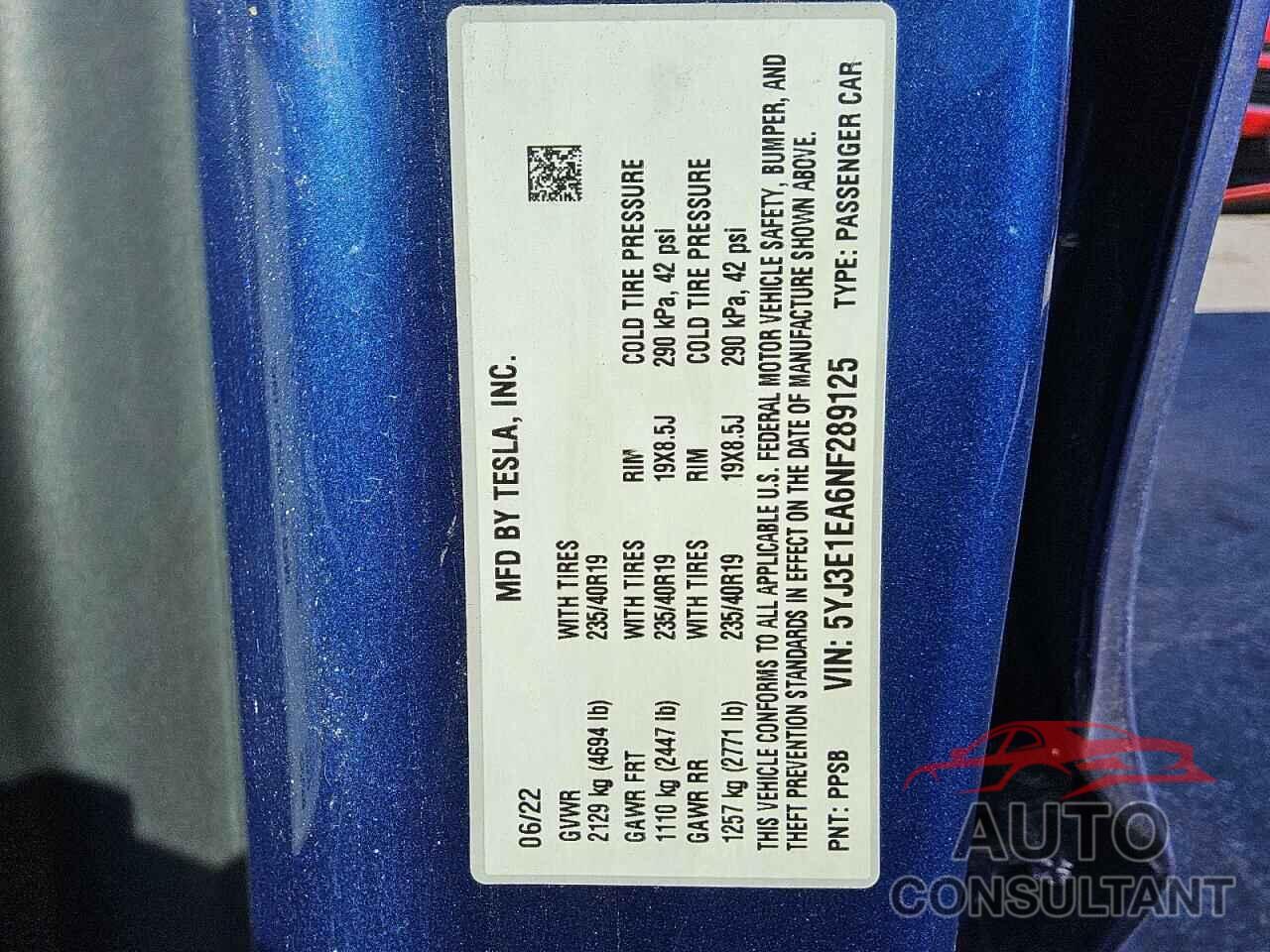 TESLA MODEL 3 2022 - 5YJ3E1EA6NF289125