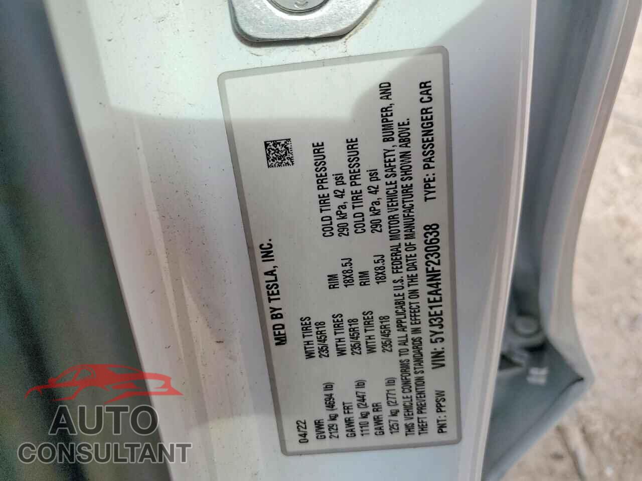TESLA MODEL 3 2022 - 5YJ3E1EA4NF230638