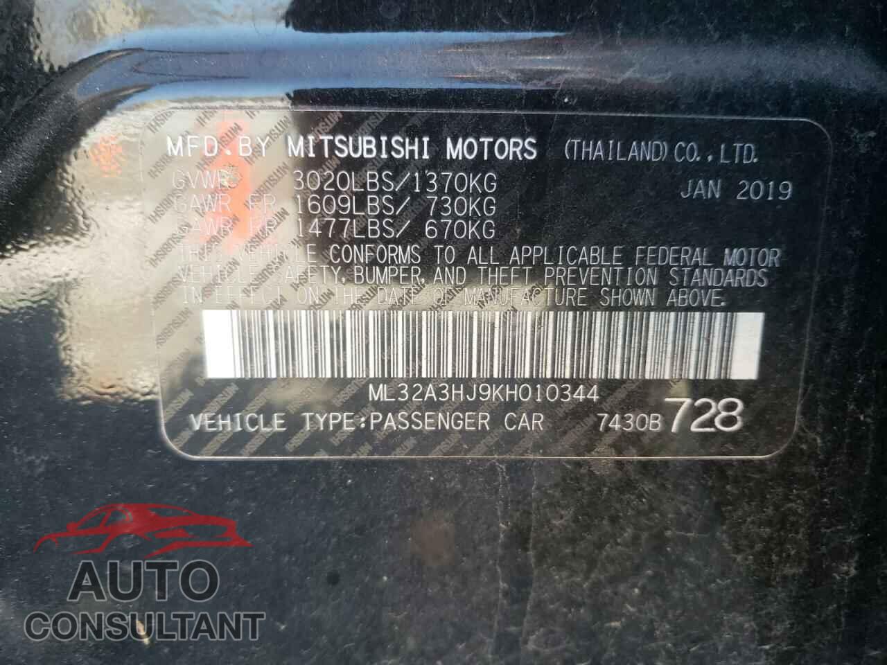 MITSUBISHI MIRAGE 2019 - ML32A3HJ9KH010344