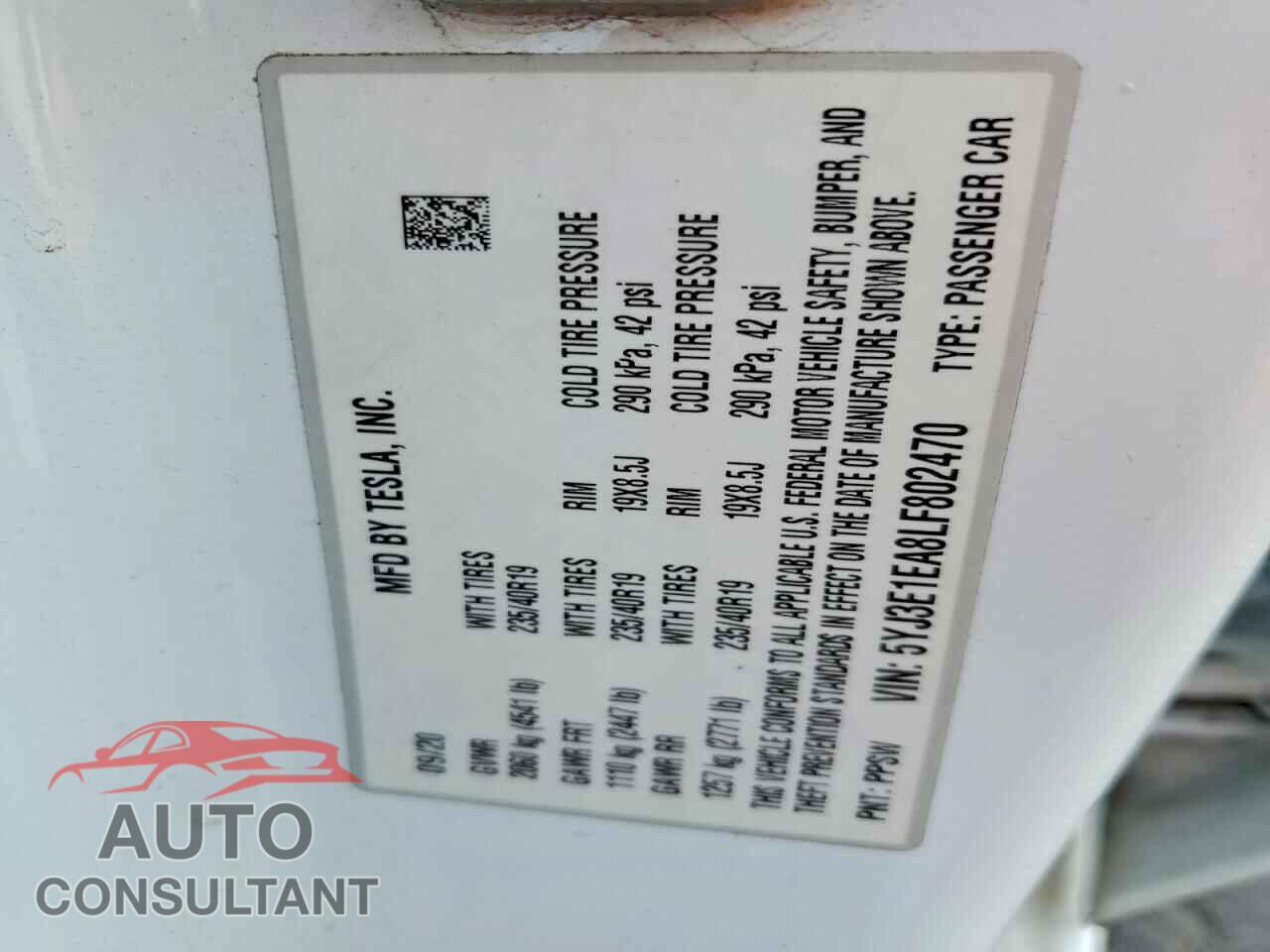 TESLA MODEL 3 2020 - 5YJ3E1EA8LF802470