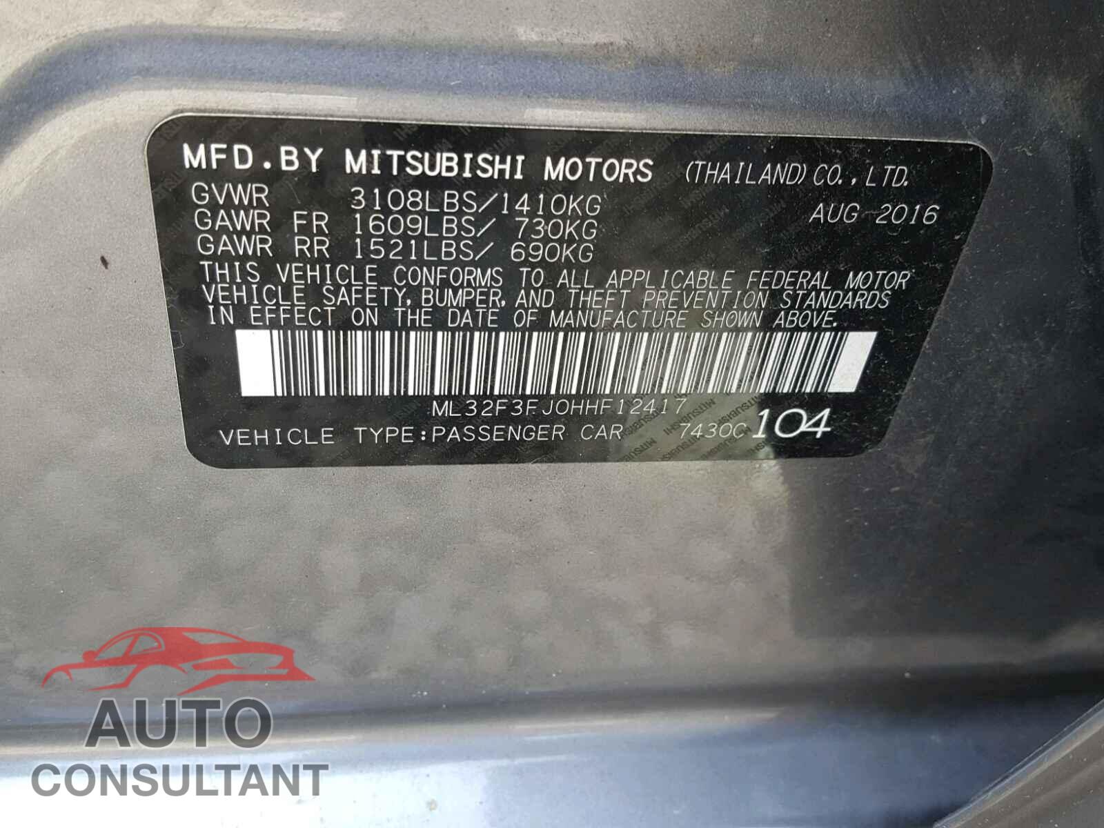 MITSUBISHI MIRAGE 2017 - ML32F3FJ0HHF12417