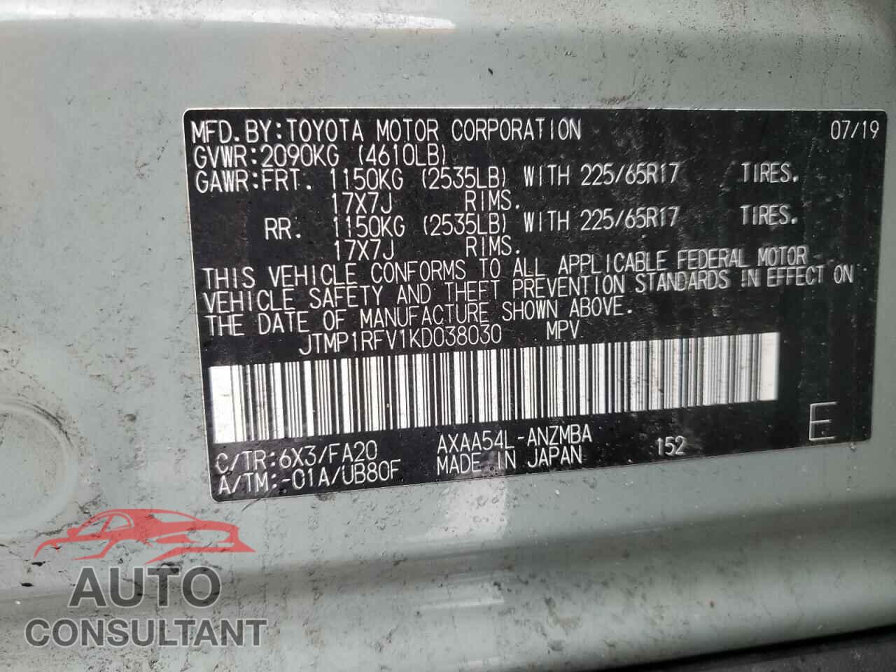 TOYOTA RAV4 2019 - JTMP1RFV1KD038030