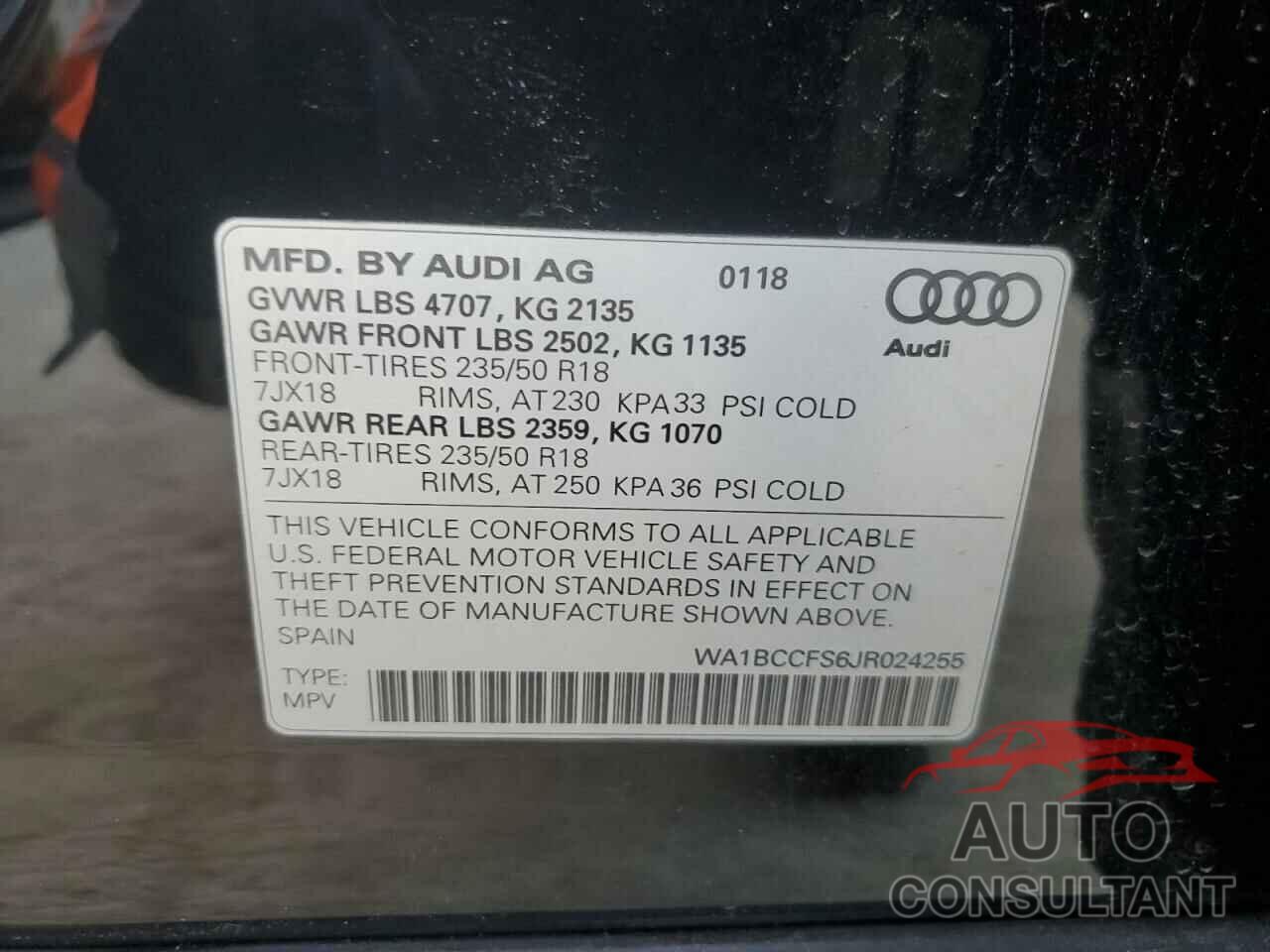 AUDI Q3 2018 - WA1BCCFS6JR024255