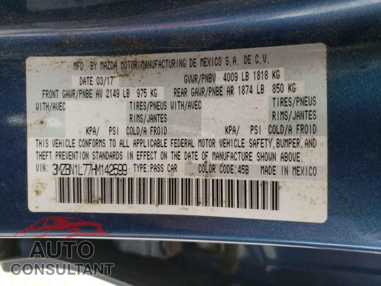 MAZDA 3 2017 - 3MZBN1L77HM142599