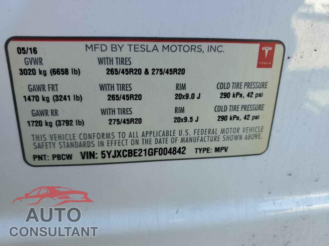 TESLA MODEL X 2016 - 5YJXCBE21GF004842