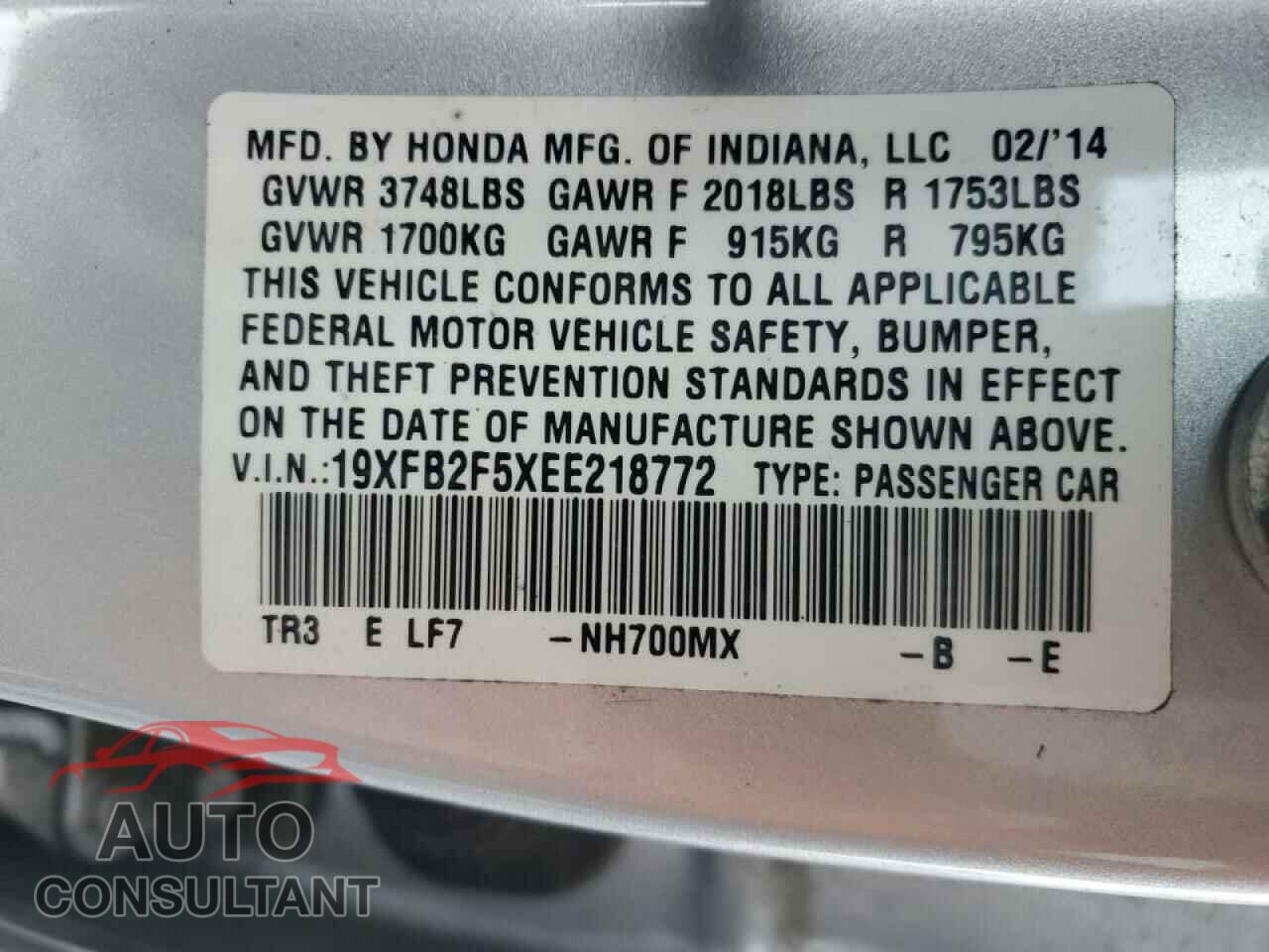 HONDA CIVIC 2014 - 19XFB2F5XEE218772