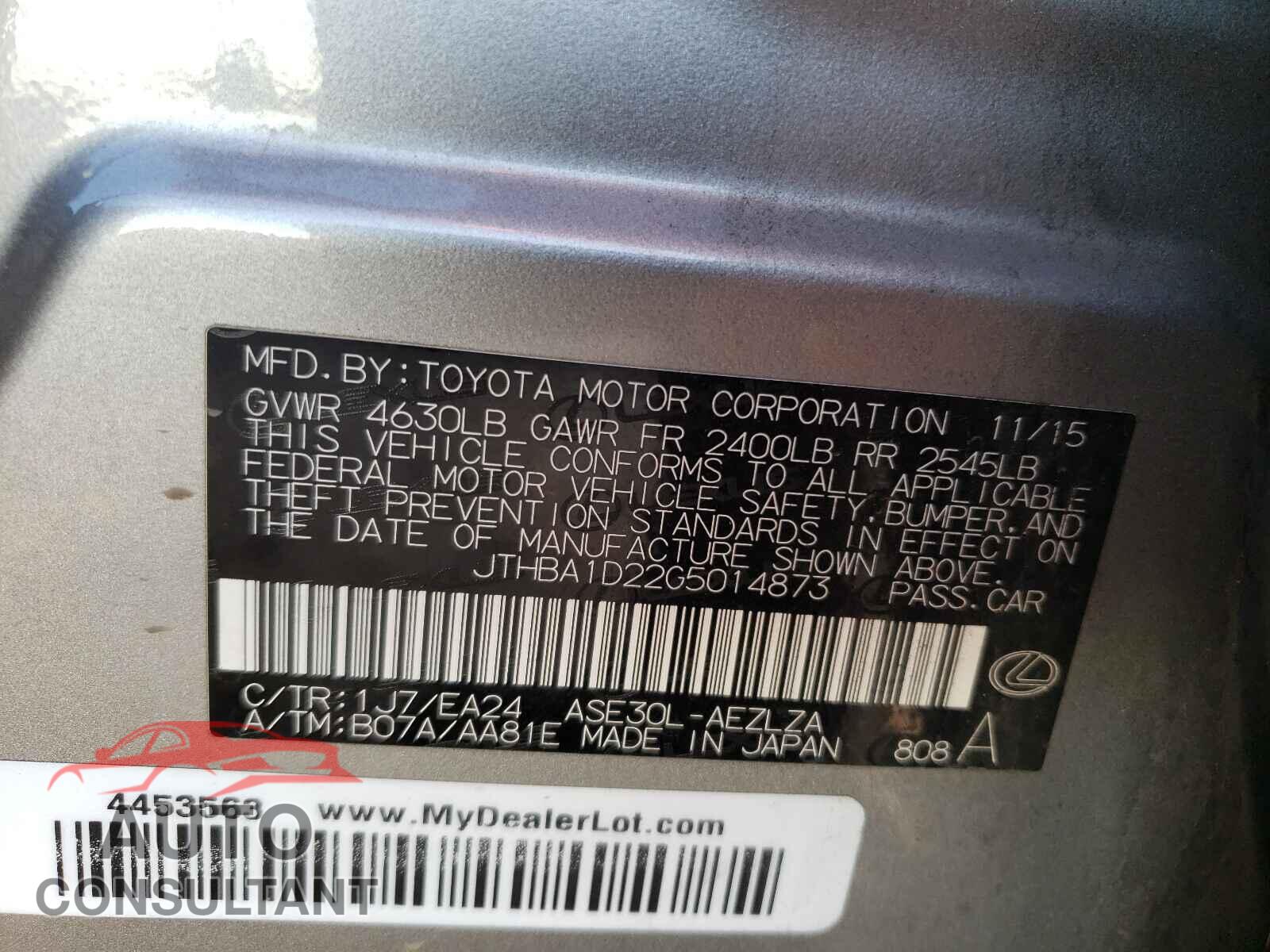 LEXUS IS 2016 - JTHBA1D22G5014873