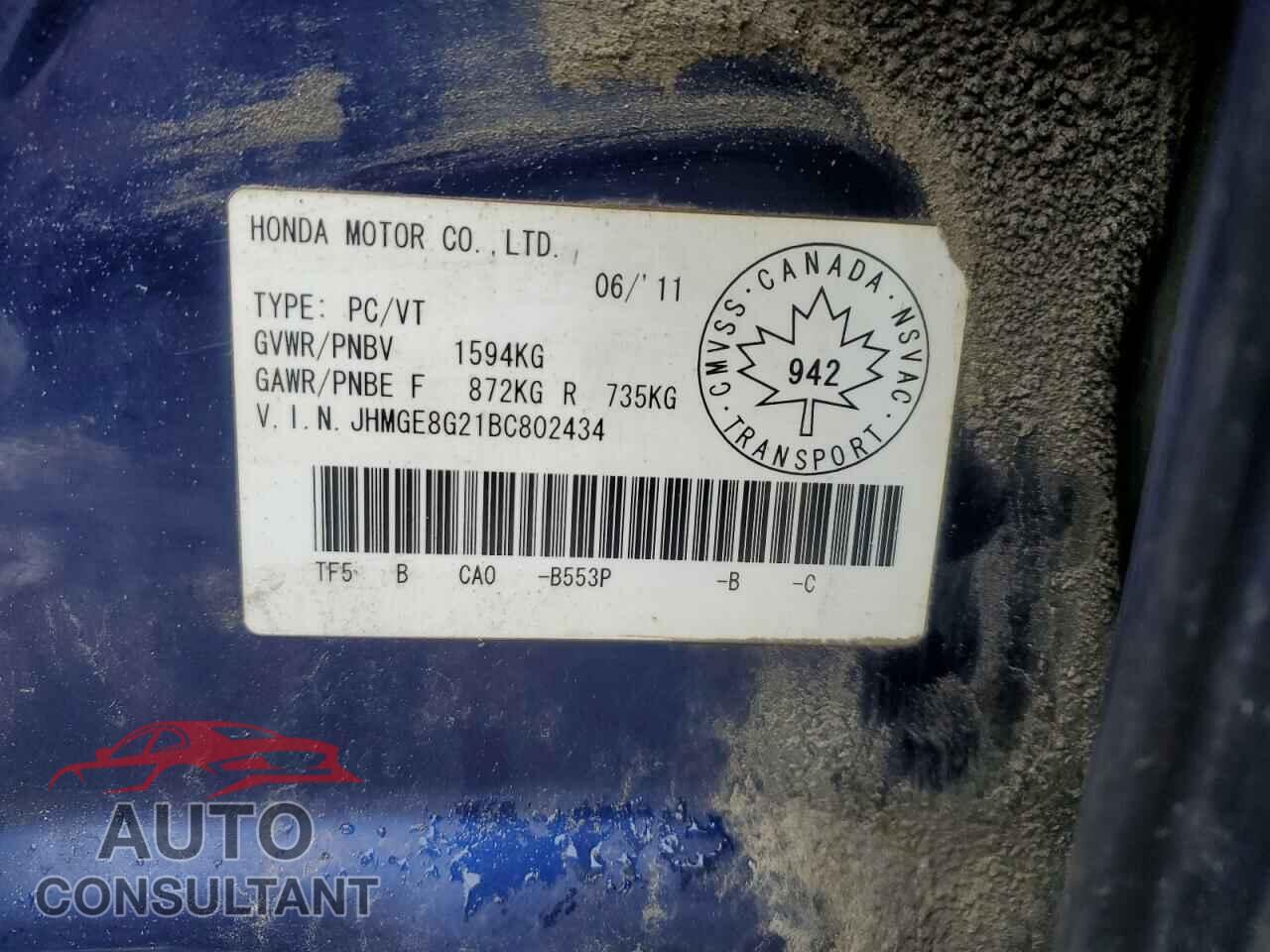 HONDA FIT 2011 - JHMGE8G21BC802434