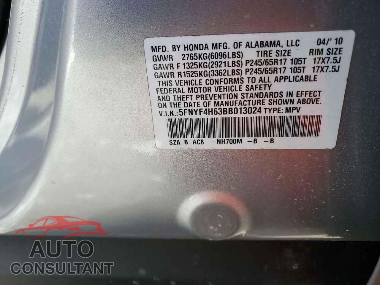HONDA PILOT 2011 - 5FNYF4H63BB013024