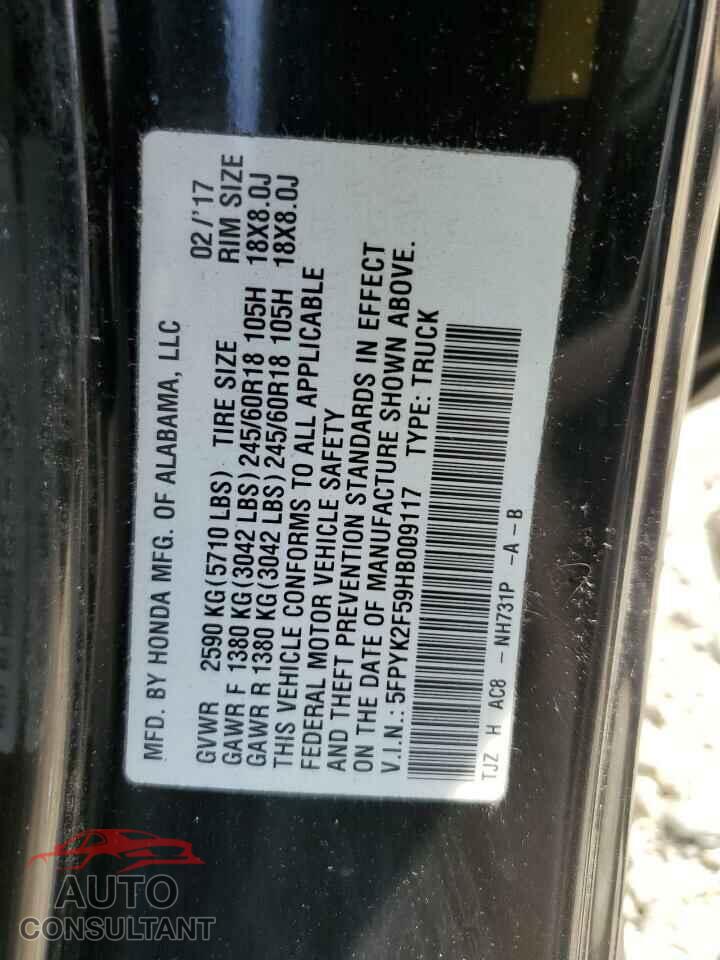 HONDA RIDGELINE 2017 - 5FPYK2F59HB009117
