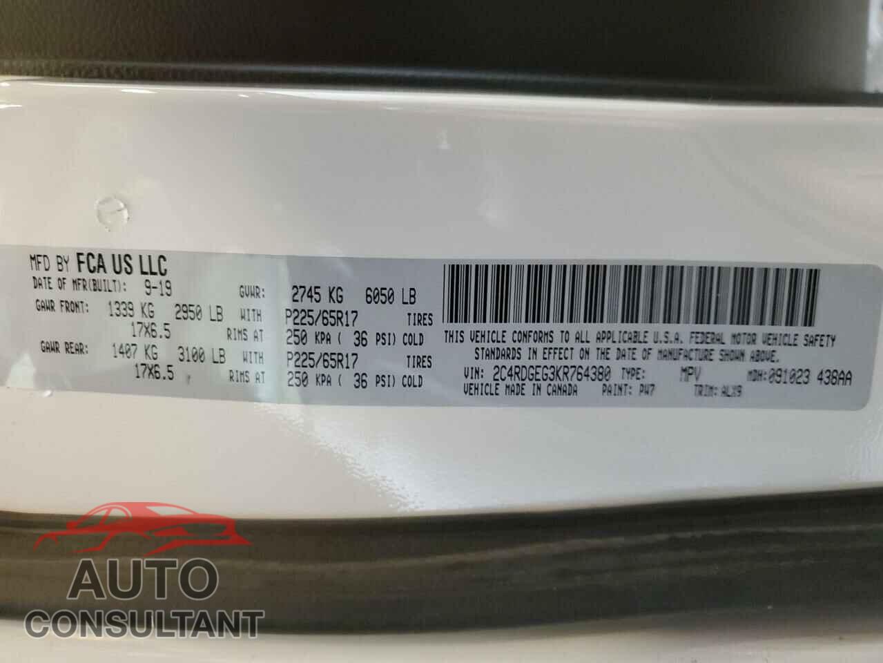 DODGE CARAVAN 2019 - 2C4RDGEG3KR764380
