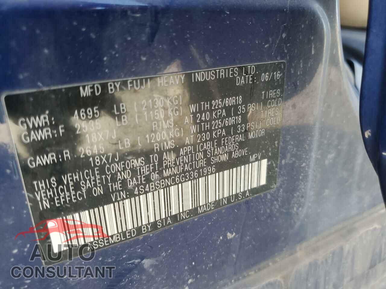 SUBARU OUTBACK 2016 - 4S4BSBNC6G3361996