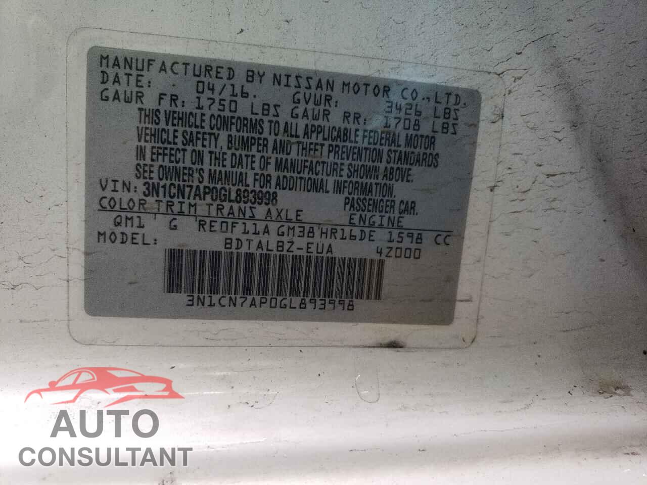 NISSAN VERSA 2016 - 3N1CN7AP0GL893998