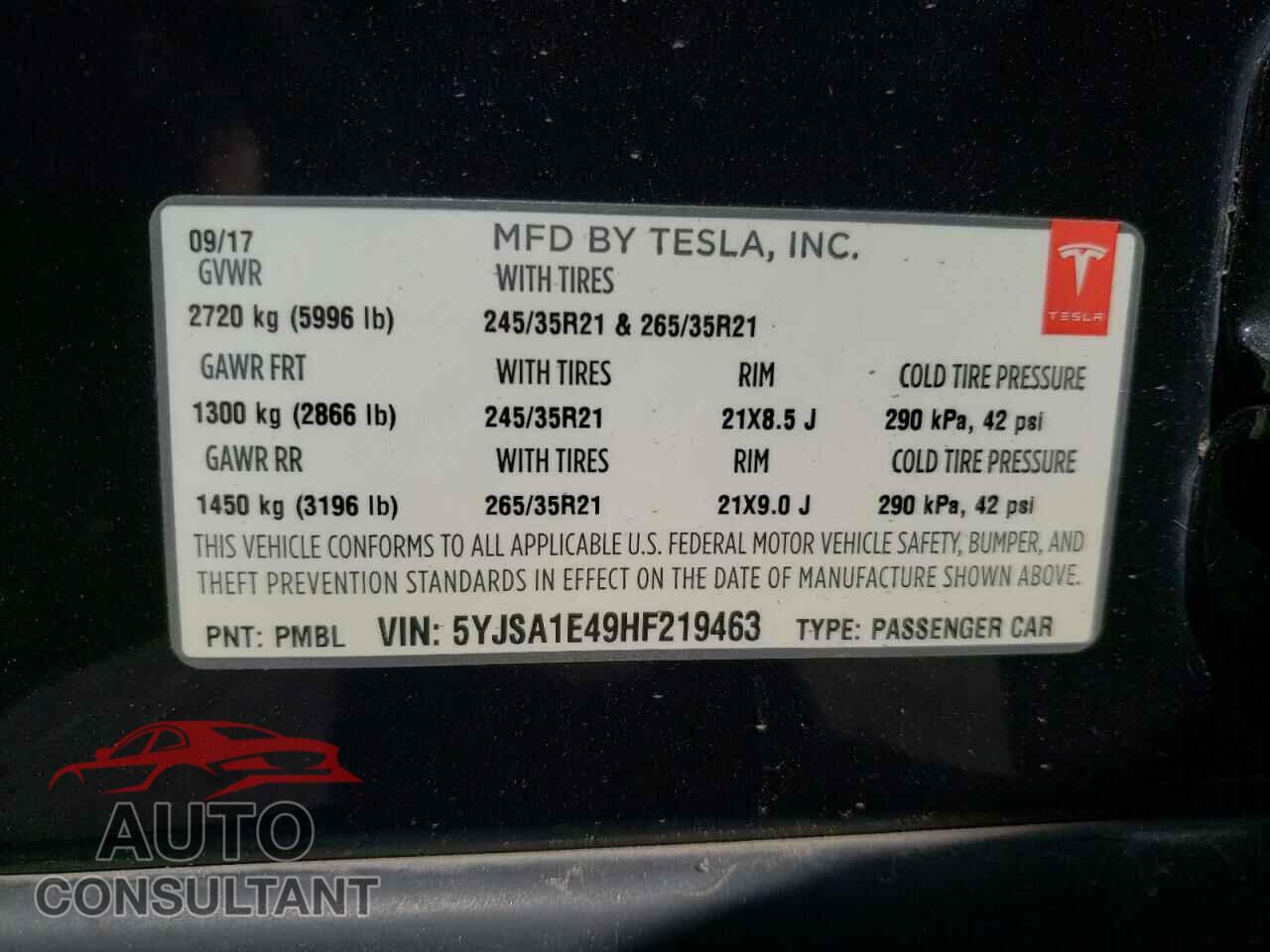 TESLA MODEL S 2017 - 5YJSA1E49HF219463