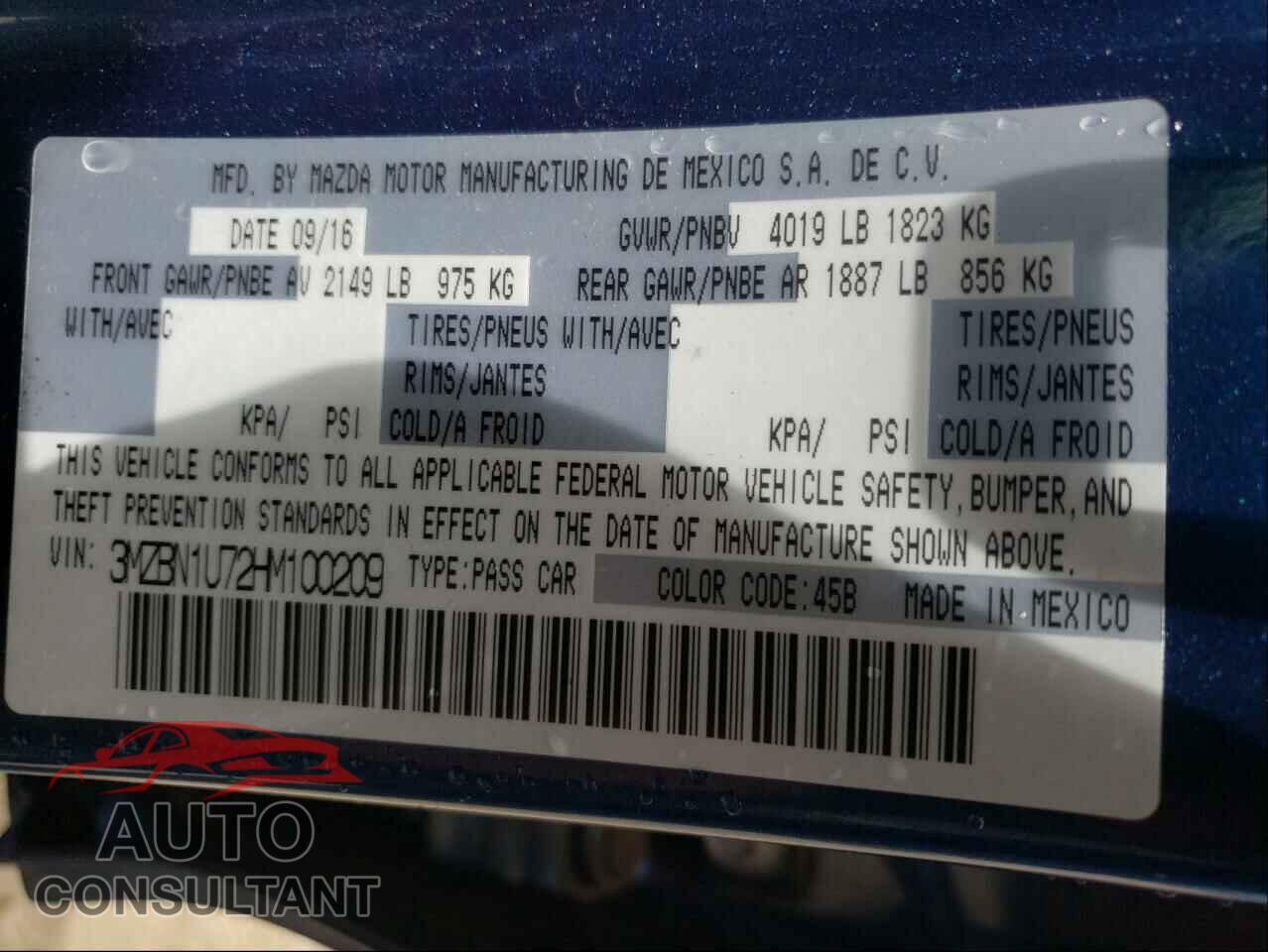 MAZDA 3 2017 - 3MZBN1U72HM100209