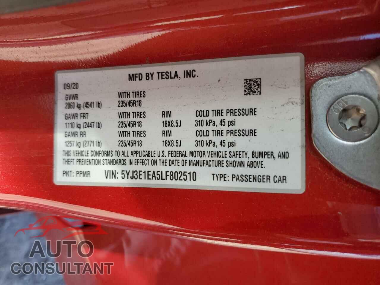 TESLA MODEL 3 2020 - 5YJ3E1EA5LF802510