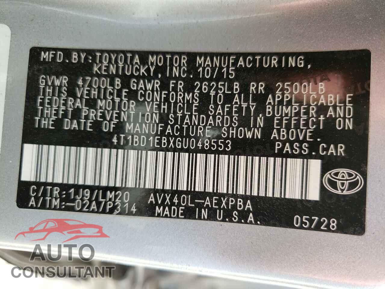 TOYOTA AVALON 2016 - 4T1BD1EBXGU048553