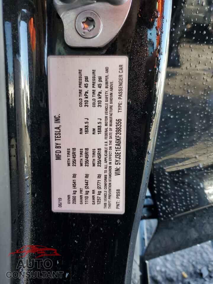 TESLA MODEL 3 2019 - 5YJ3E1EA6KF398356