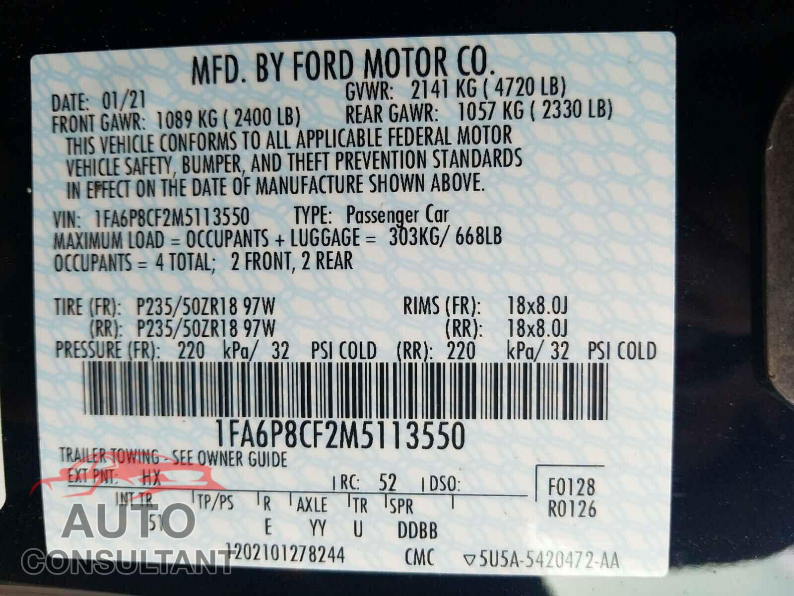 FORD MUSTANG 2021 - 1FA6P8CF2M5113550