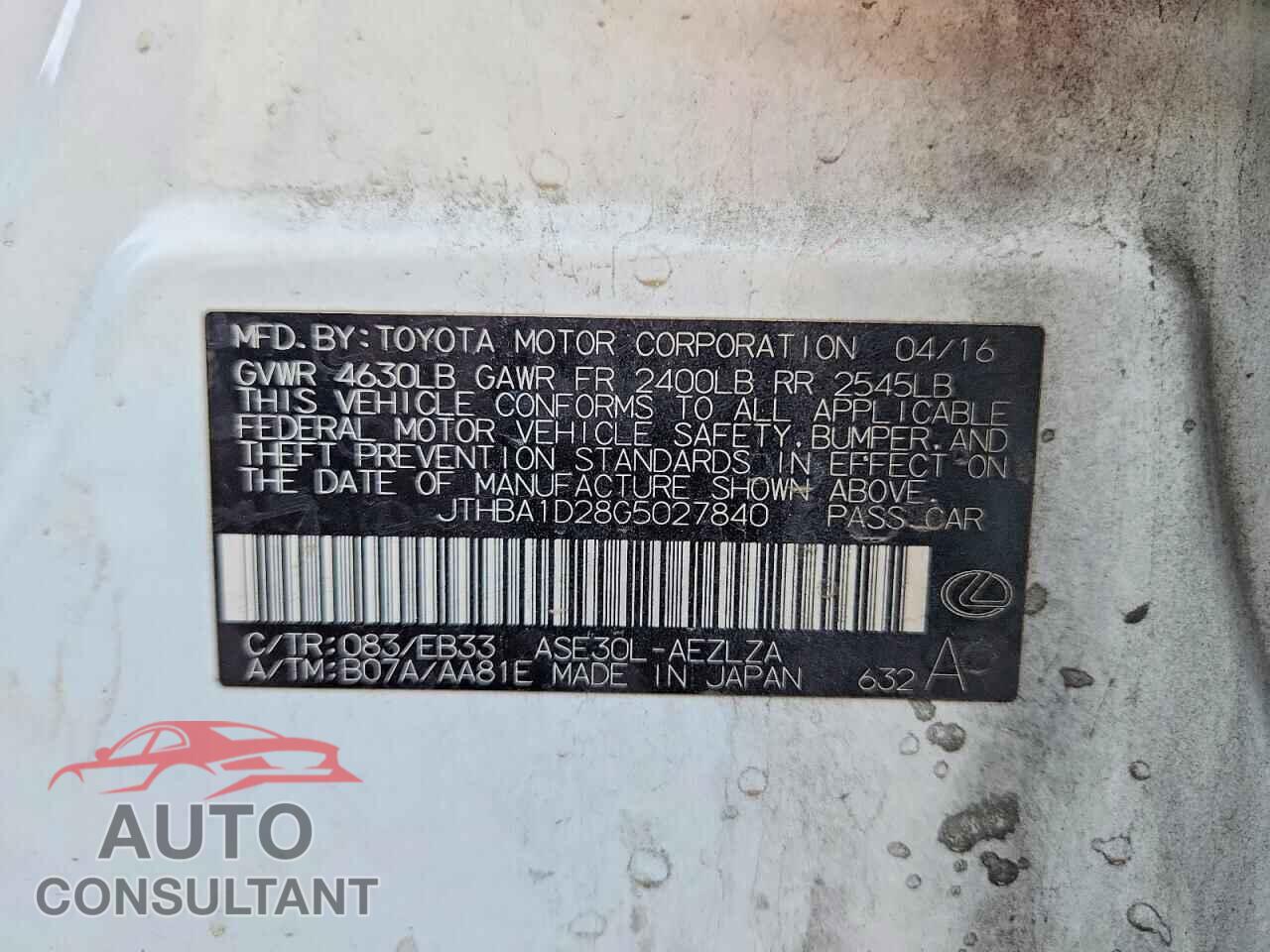 LEXUS IS 2016 - JTHBA1D28G5027840