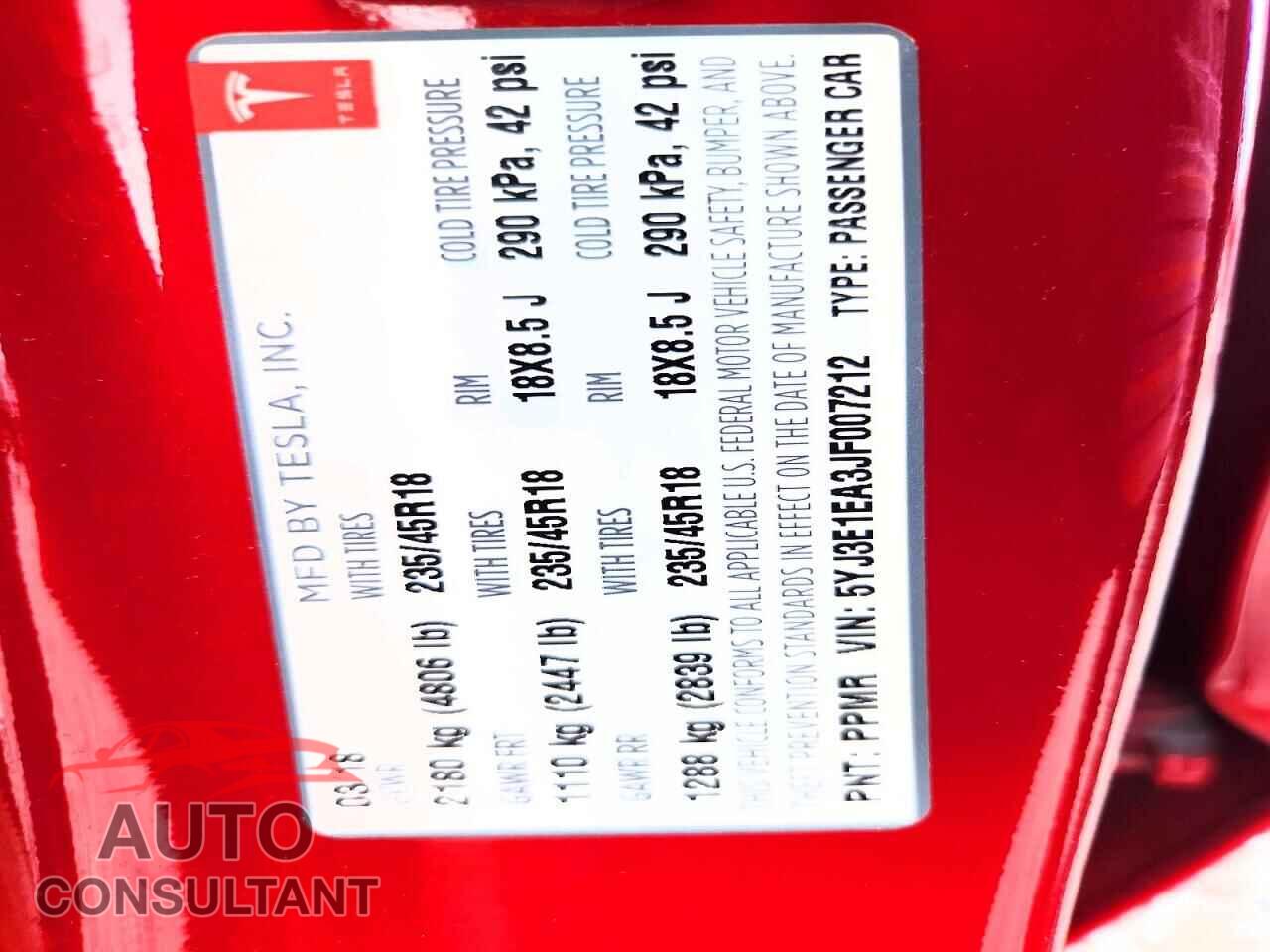 TESLA MODEL 3 2018 - 5YJ3E1EA3JF007212