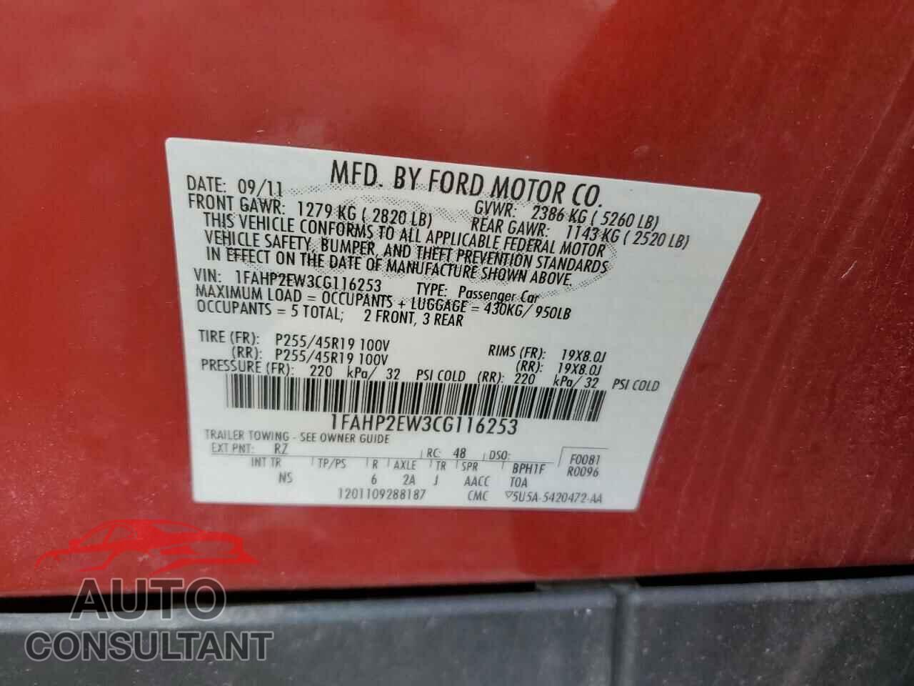 FORD TAURUS 2012 - 1FAHP2EW3CG116253